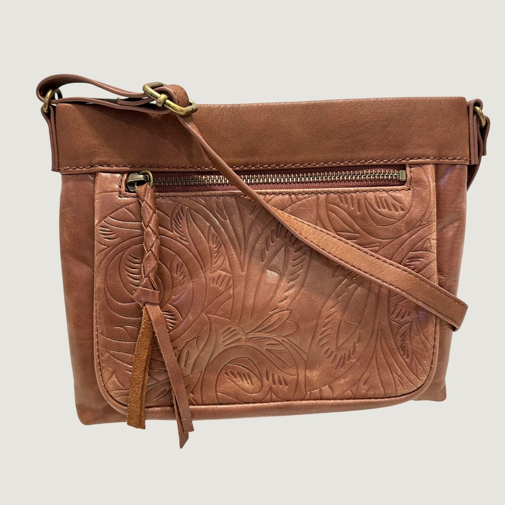 The Sak Sanibel Leather Crossbody Bag Tobacco Floral Embossed Brown Western Boho